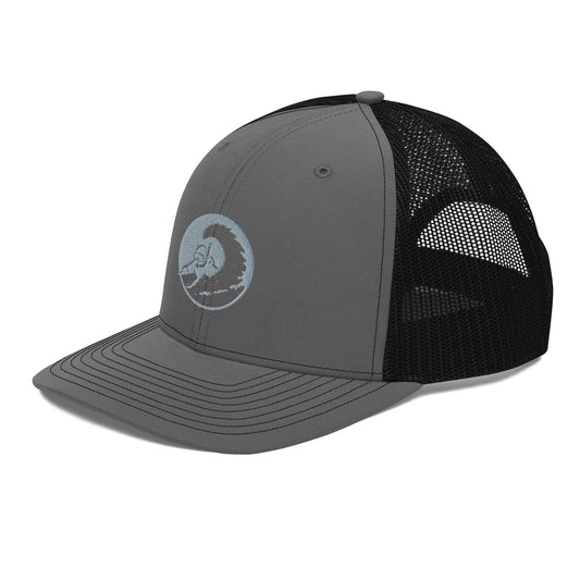 Snorkel Skier Trucker Hat – left front angle – tone-on-tone grey embroidery – On Powder Days