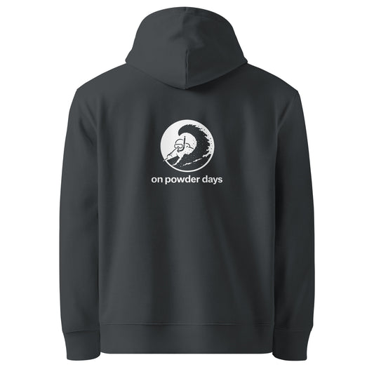 No Influencers On Powder Days hoodie – back – snorkel skier graphic – On Powder Days ski hoodie