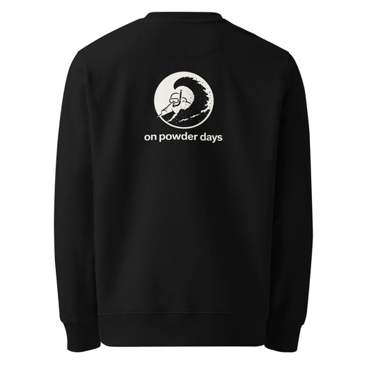 No First Dates On Powder Days crewneck – back – snorkel skier graphic – On Powder Days ski sweatshirt