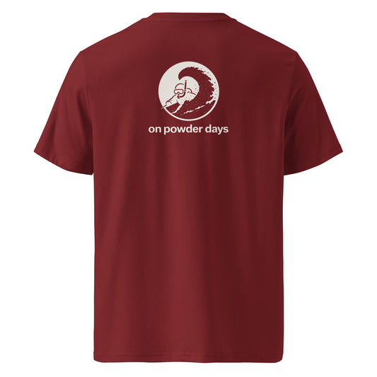 No Kids On Powder Days tee – back – snorkel skier graphic – On Powder Days ski shirt