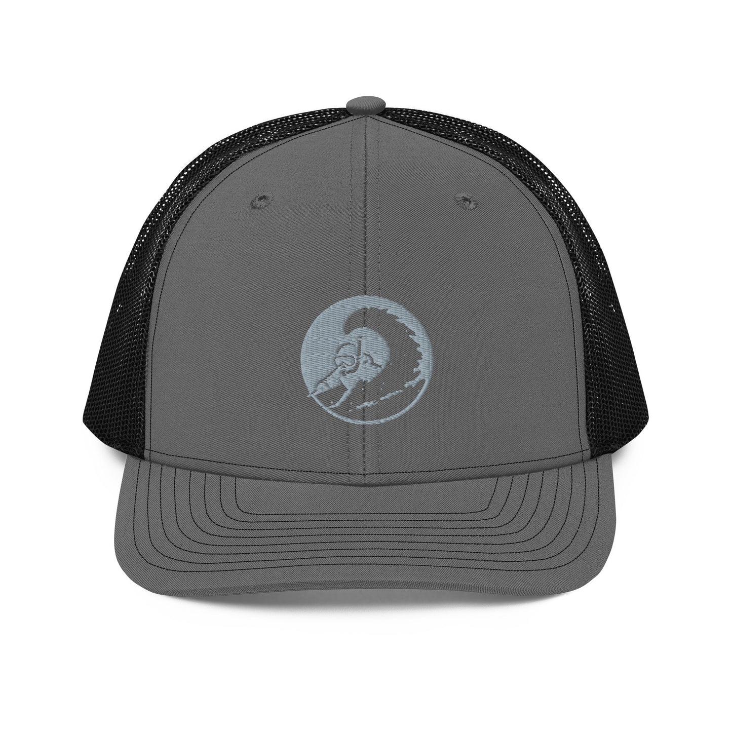 Snorkel Skier Trucker Hat – front view – charcoal black Richardson snapback – On Powder Days