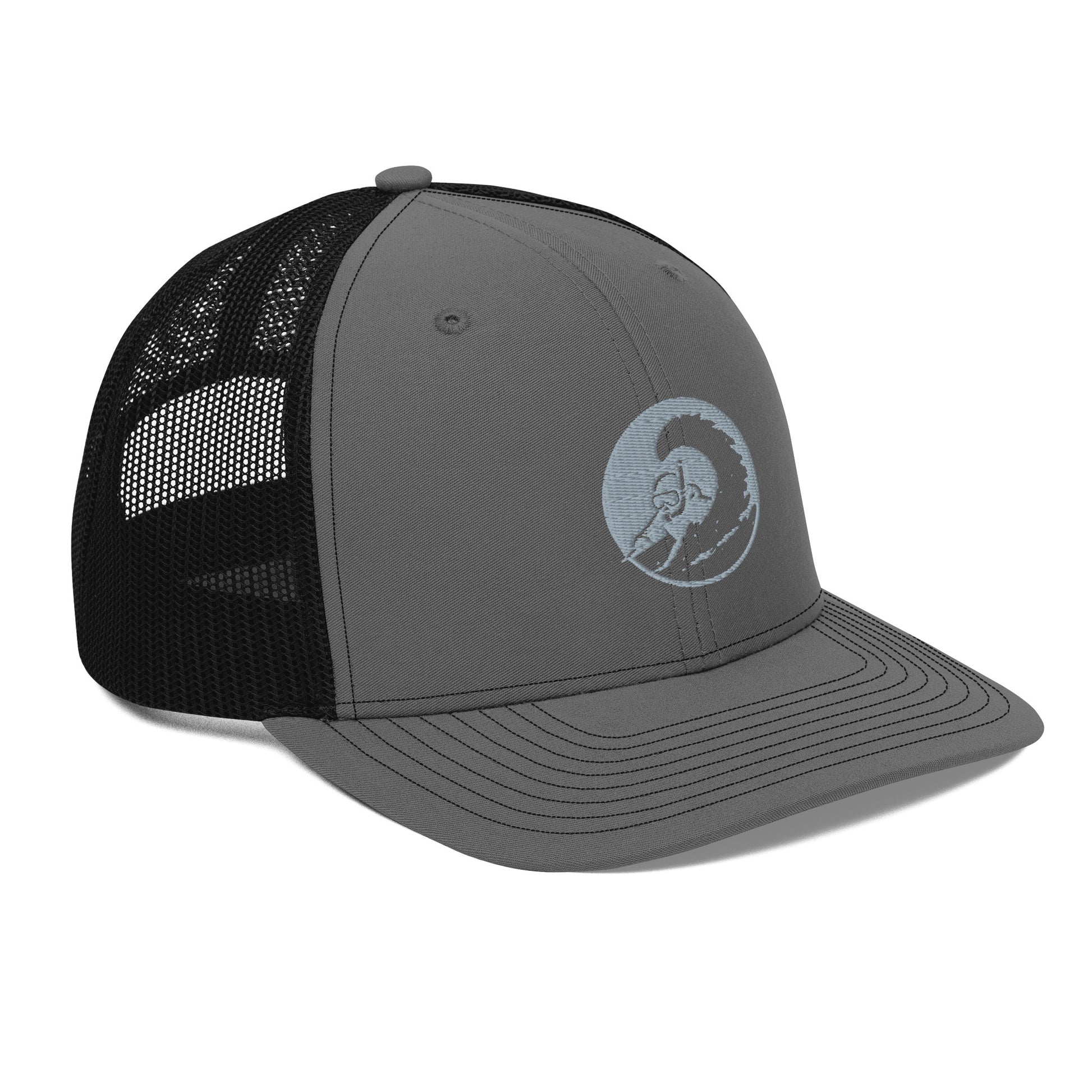 Snorkel Skier Trucker Hat – right front angle – embroidered logo – On Powder Days