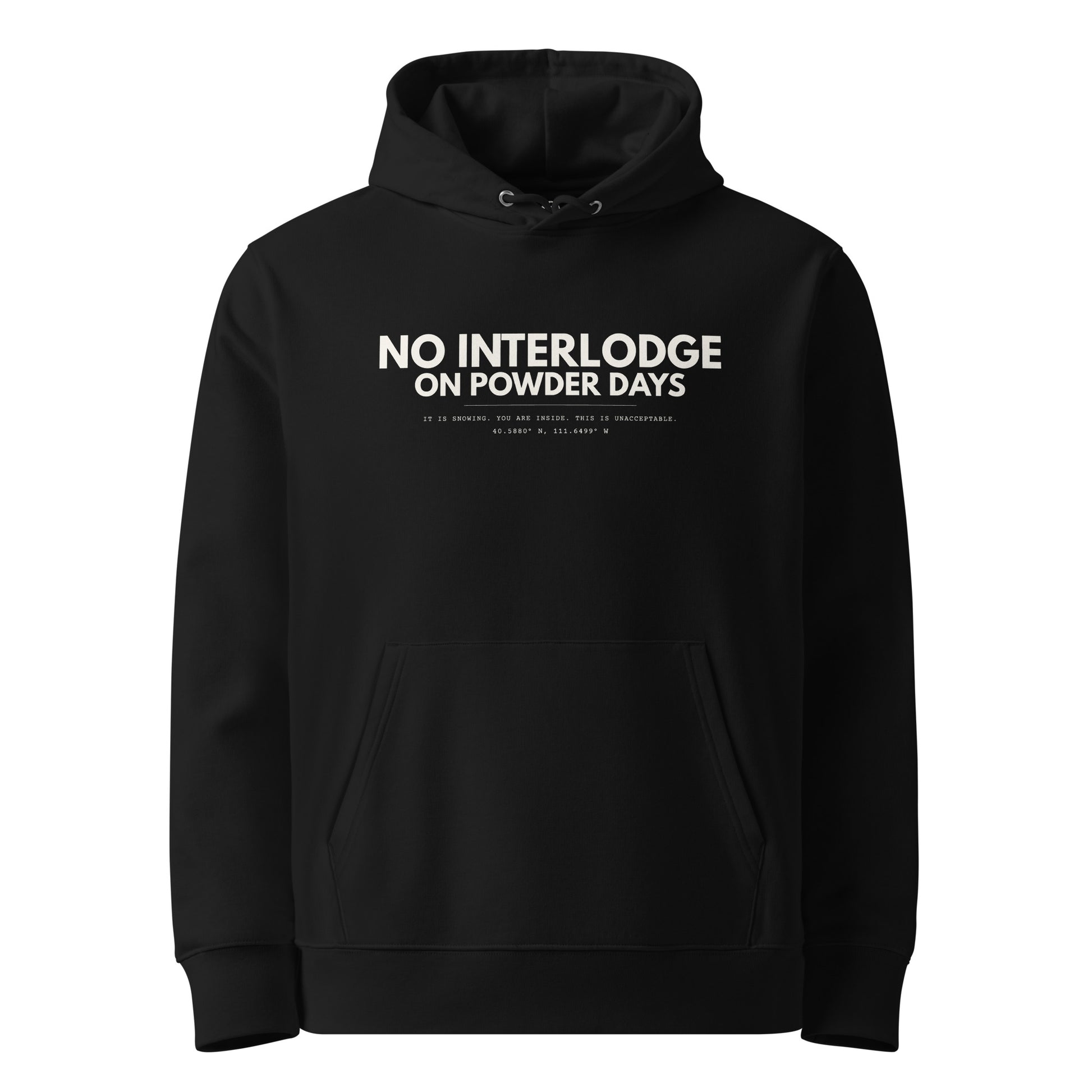 No Interlodge On Powder Days hoodie – front – near black organic cotton – Wasatch Series – On Powder Days