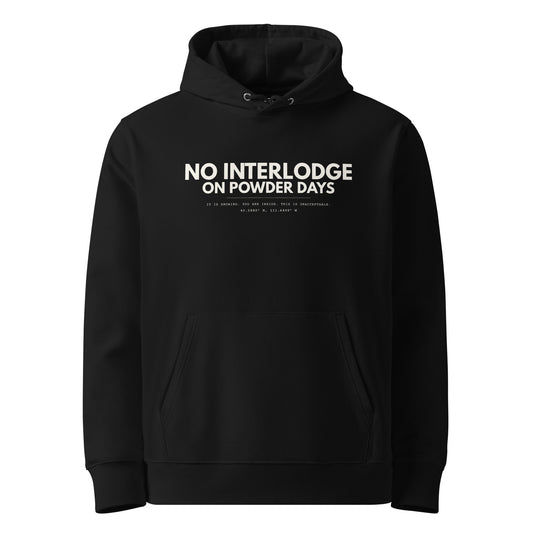 No Interlodge On Powder Days hoodie – front – near black organic cotton – Wasatch Series – On Powder Days