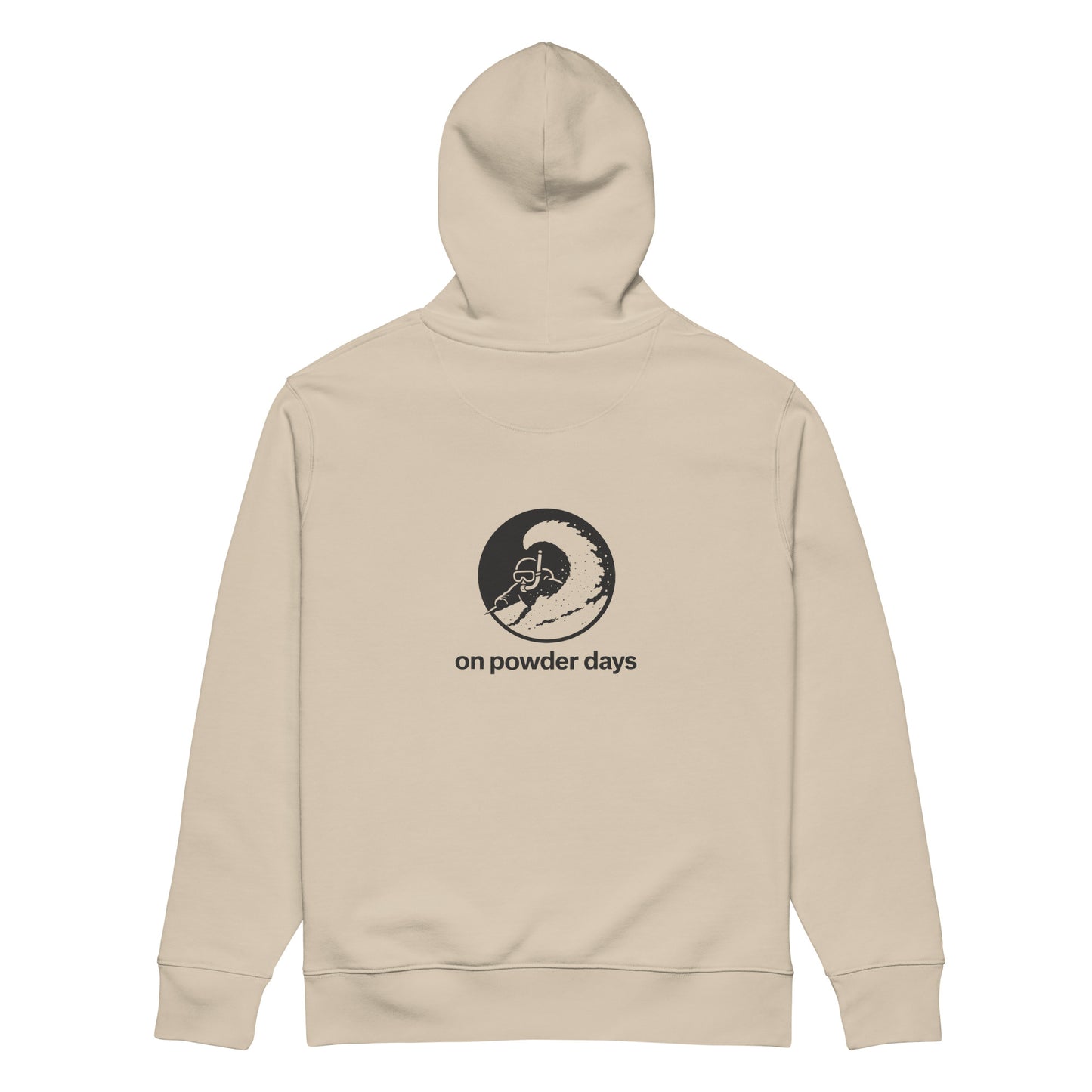 No Fast Sundays hoodie – back detail – 350gsm organic cotton – Pioneer Series – On Powder Days