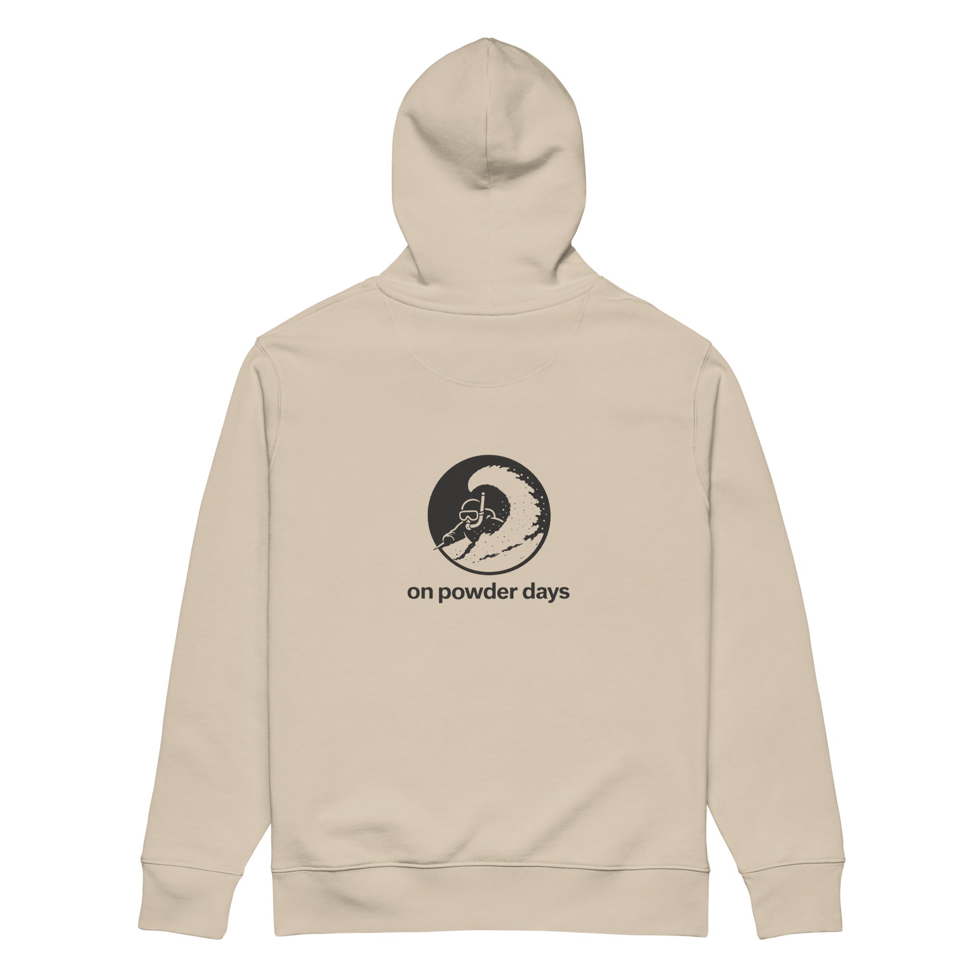 No Fast Sundays hoodie – back detail – 350gsm organic cotton – Pioneer Series – On Powder Days