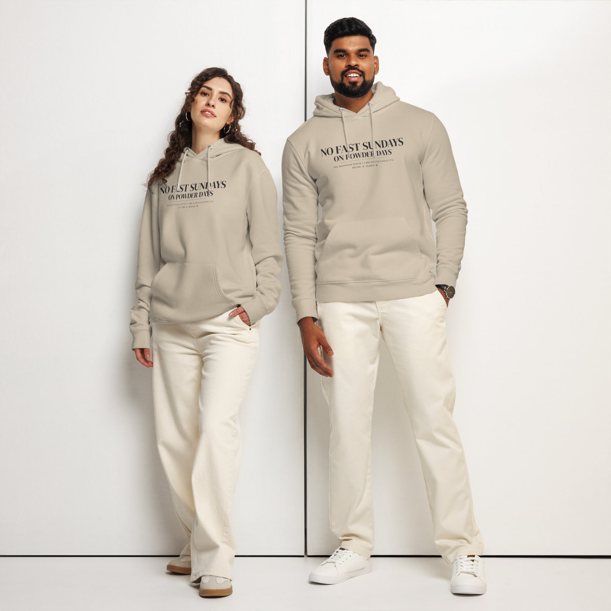 No Fast Sundays On Powder Days organic heavyweight hoodie – Pioneer Series – On Powder Days ski apparel