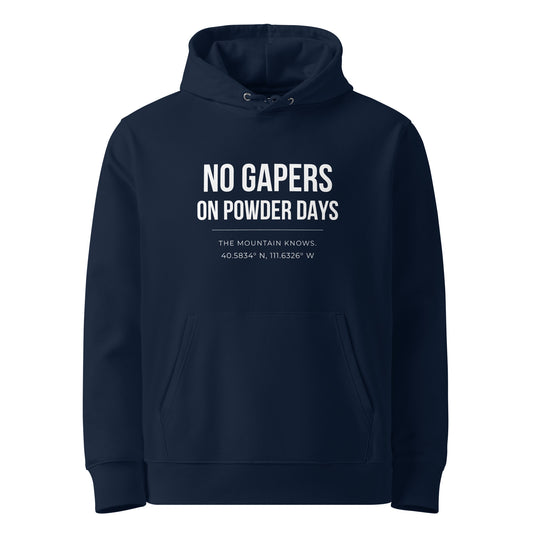 No Gapers On Powder Days hoodie – front – french navy organic cotton – First Chair Series – On Powder Days