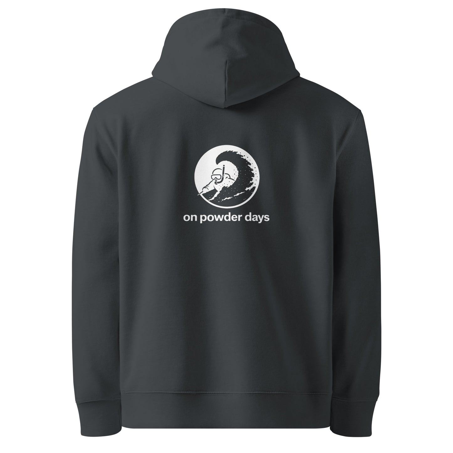 No Influencers On Powder Days hoodie – back – snorkel skier graphic – On Powder Days ski hoodie