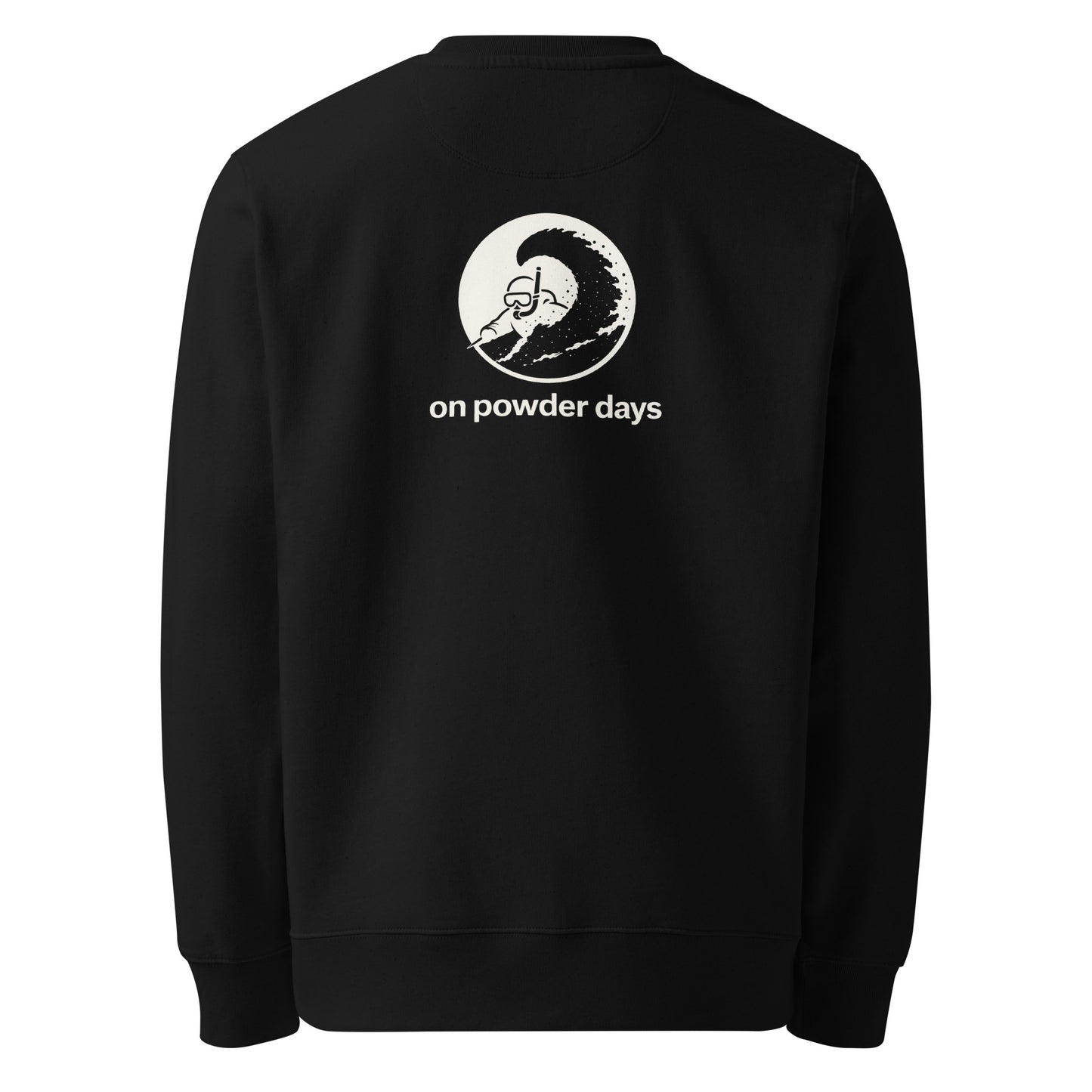 No First Dates On Powder Days crewneck – back – snorkel skier graphic – On Powder Days ski sweatshirt