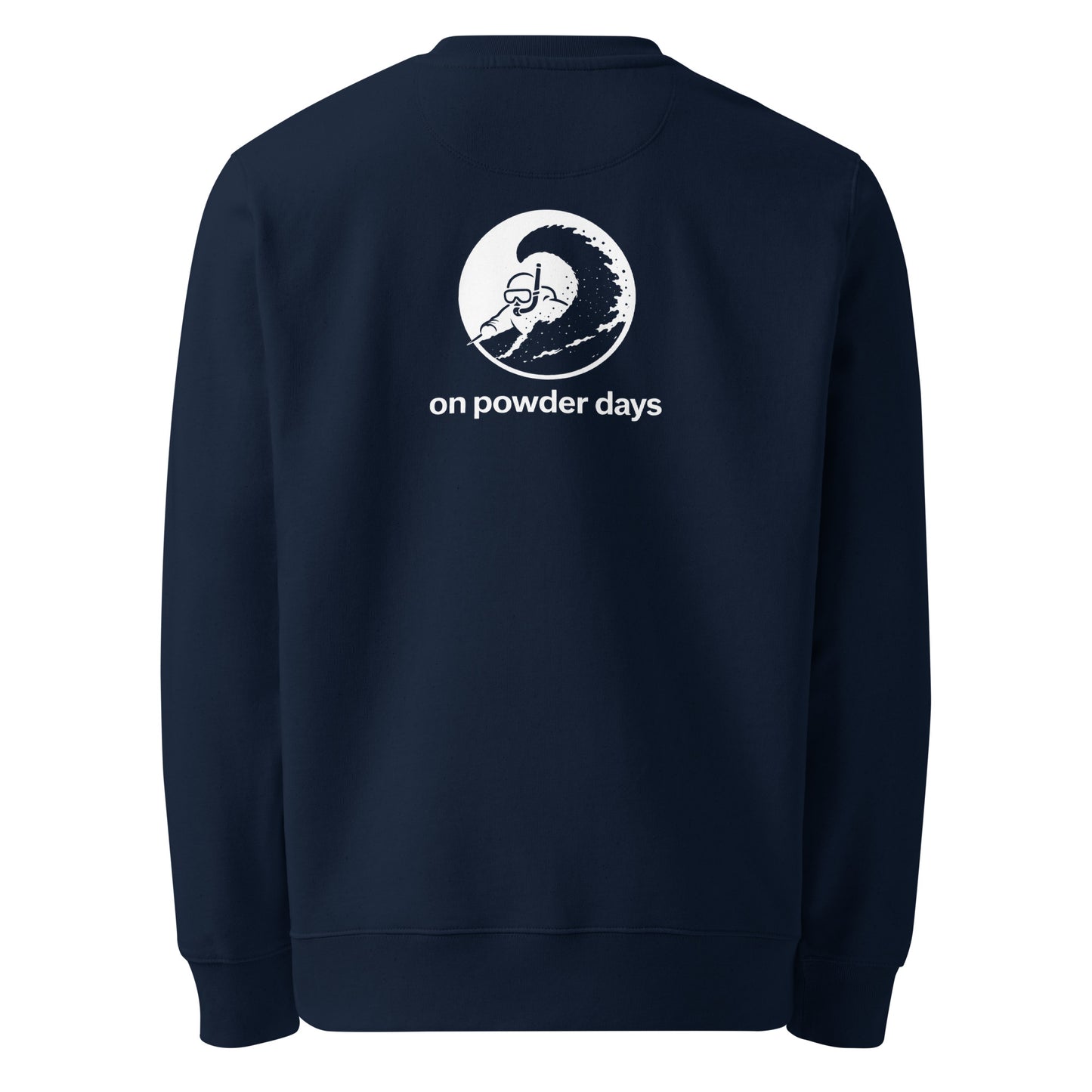 No Pizza On Powder Days crewneck – back – snorkel skier graphic – On Powder Days ski sweatshirt