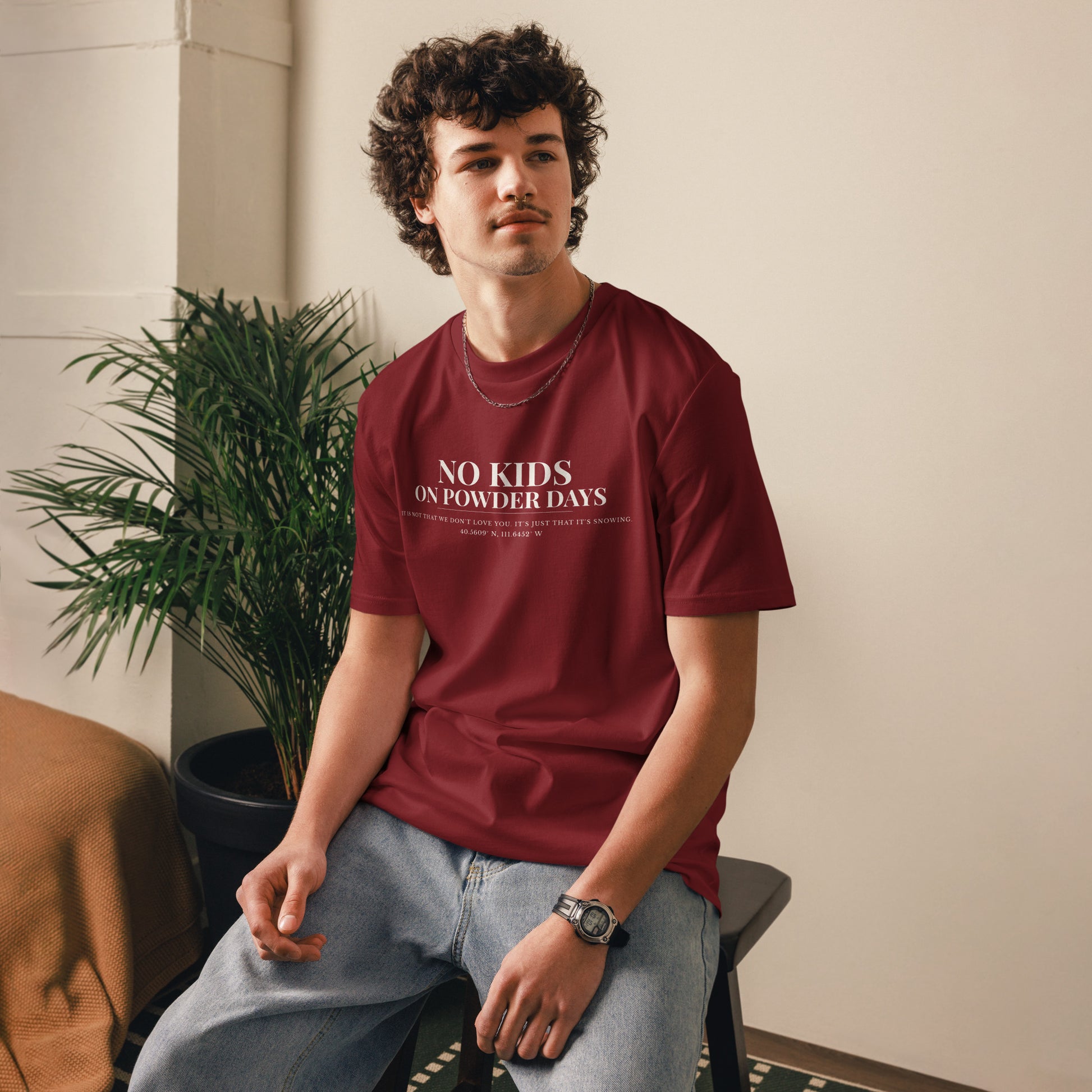 No Kids On Powder Days ski shirt – burgundy – On Powder Days ski apparel