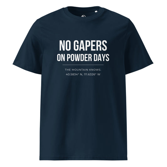 No Gapers On Powder Days tee – front – french navy organic cotton – First Chair Series – On Powder Days