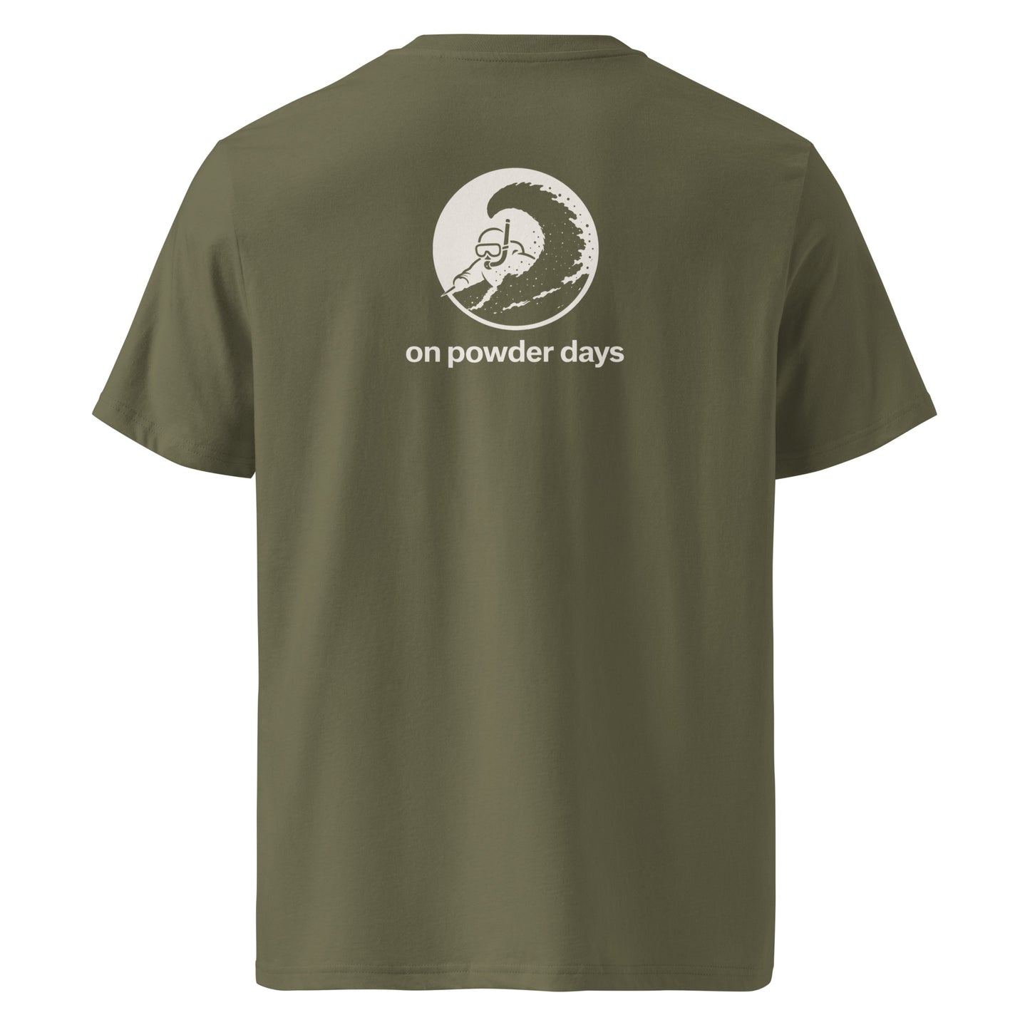 No Influencers On Powder Days tee – back – snorkel skier graphic – On Powder Days ski shirt