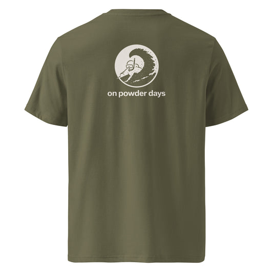 No Influencers On Powder Days tee – back – snorkel skier graphic – On Powder Days ski shirt