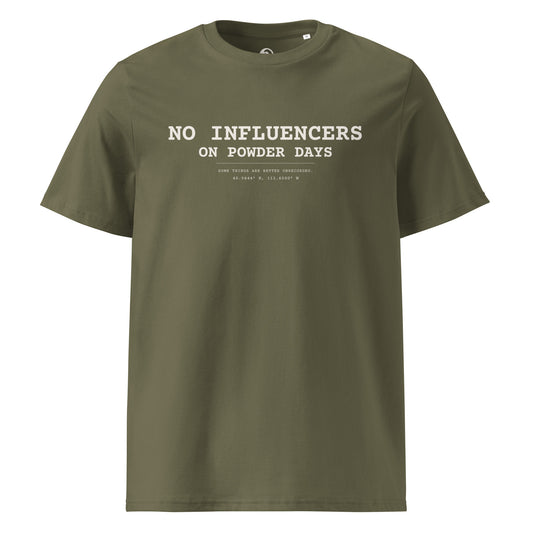 No Influencers On Powder Days tee – front – khaki organic cotton – Analog Series – On Powder Days