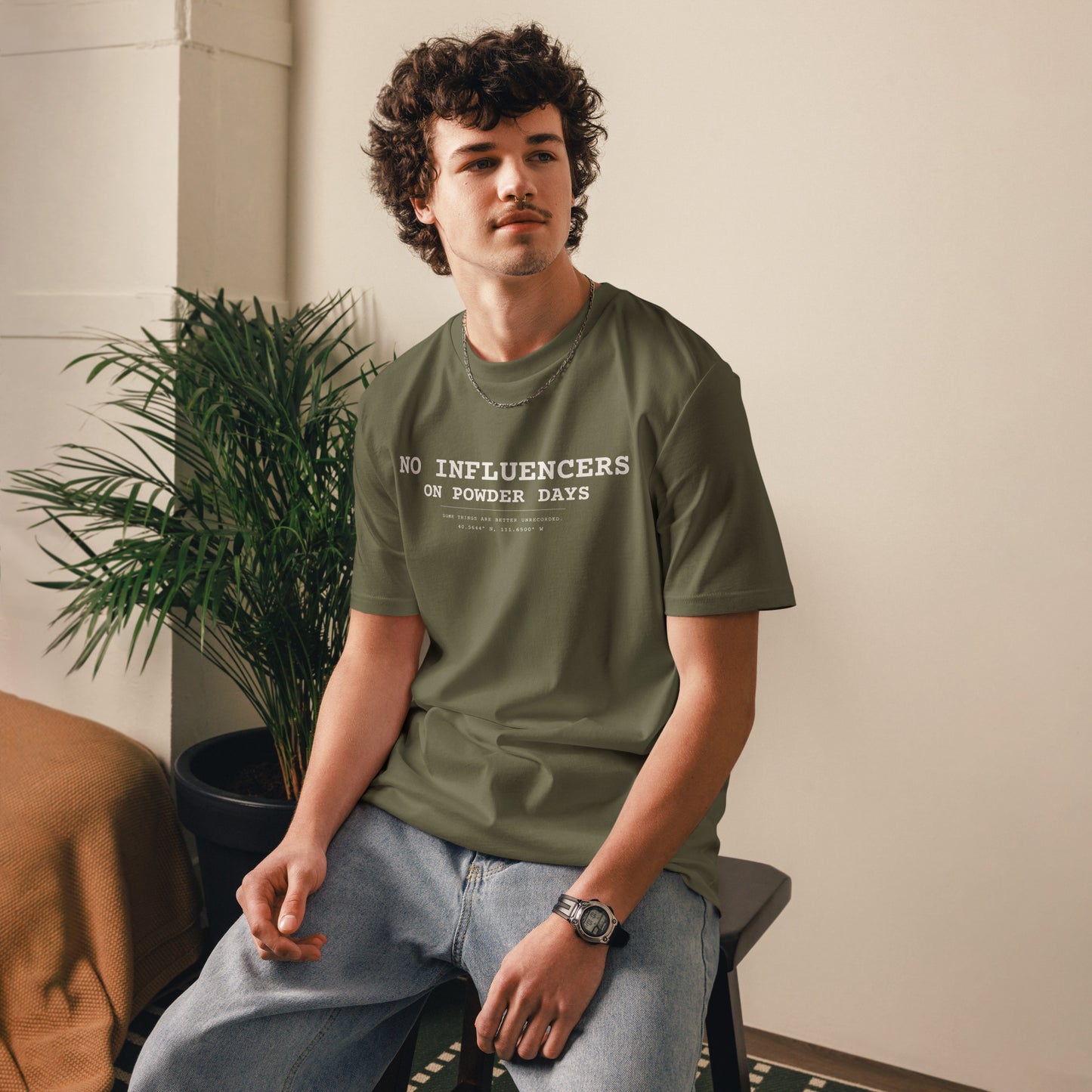 No Influencers On Powder Days ski shirt – khaki – On Powder Days ski apparel