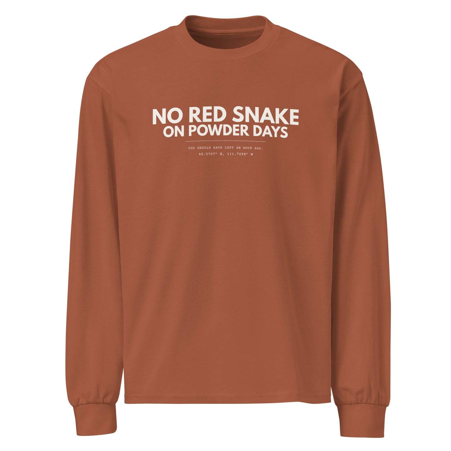 No Red Snake On Powder Days long sleeve – front – terra cotta clay – Wasatch Series – On Powder Days