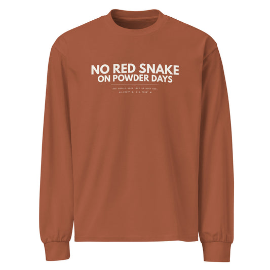 No Red Snake On Powder Days long sleeve – front – terra cotta clay – Wasatch Series – On Powder Days