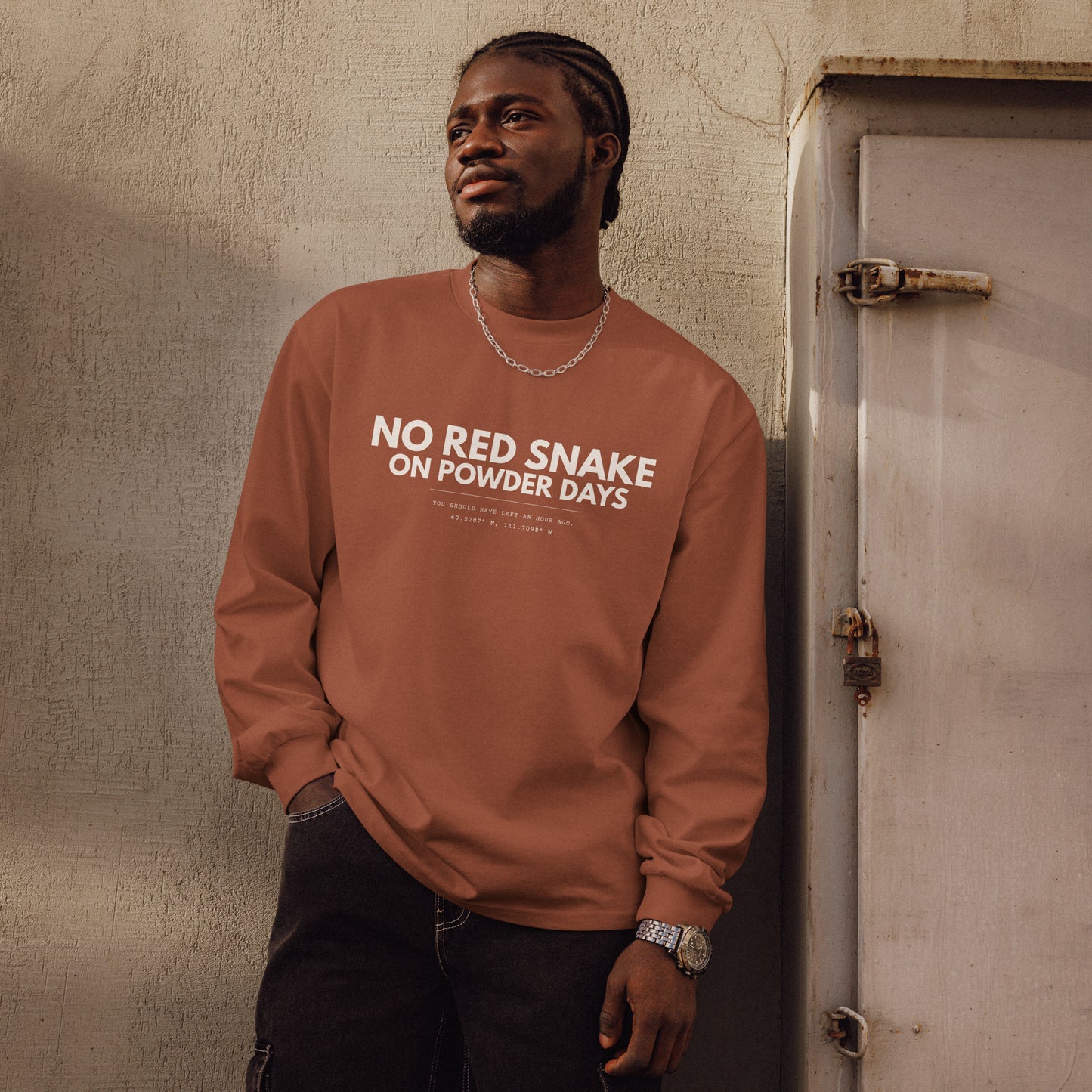 No Red Snake On Powder Days premium heavyweight long sleeve shirt – On Powder Days ski apparel